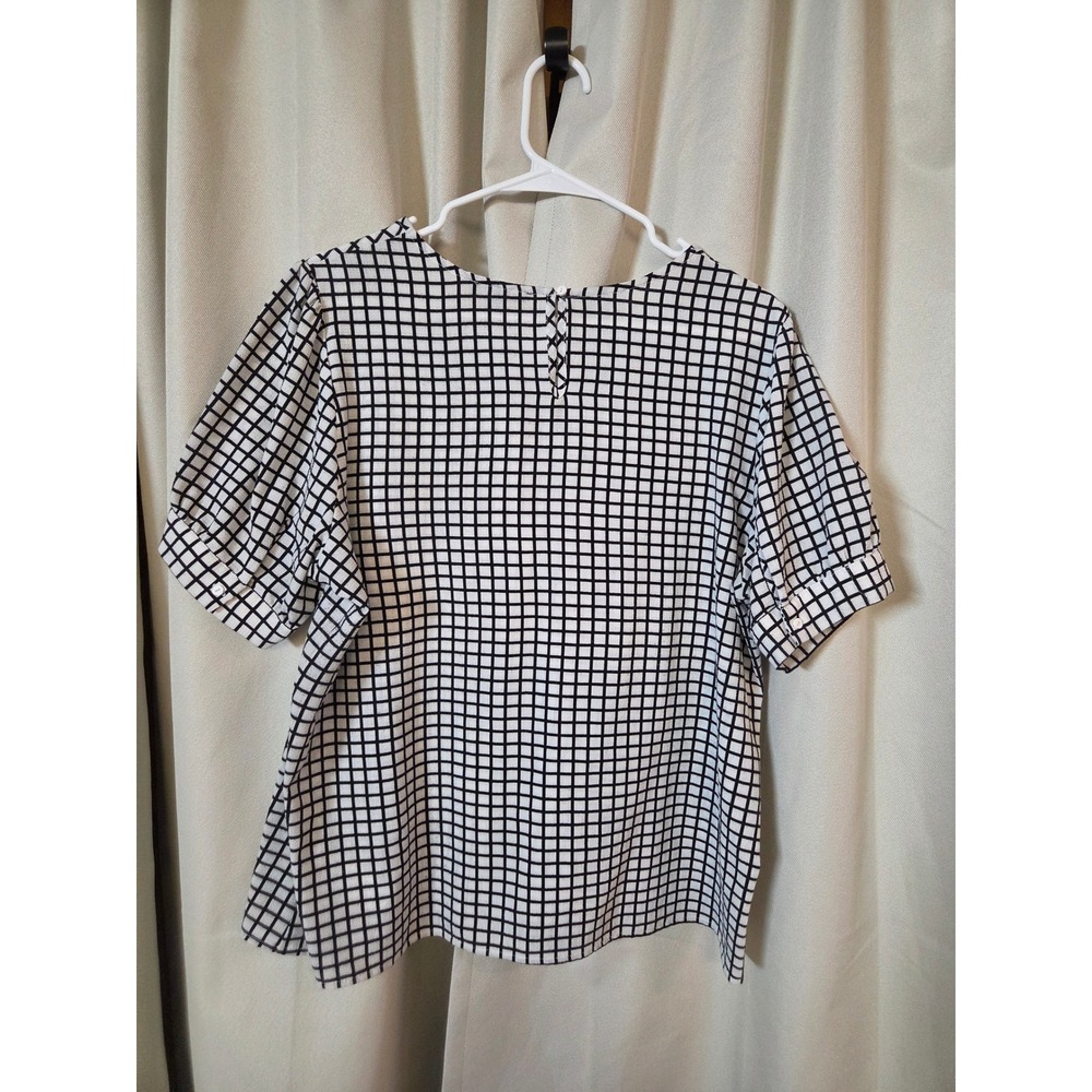 Adrianna Papell Womens XL Black White Grid Windowpane Short Sleeve Blouse Top - Picture 3 of 9